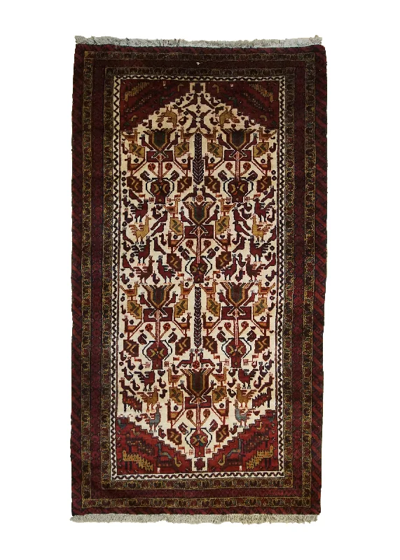 Persian Rug Baloch Handmade Area Tribal 3'2"x6'6" (3x7) Whites/Beige Red Geometric Tree of Life Animals Design #A33511