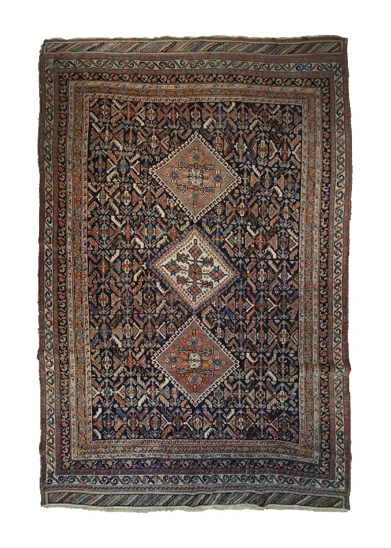 Persian Rug Ghashghaei Handmade Area Tribal Antique 4'9"x7'2" (5x7) Blue Orange Geometric Design #A33341