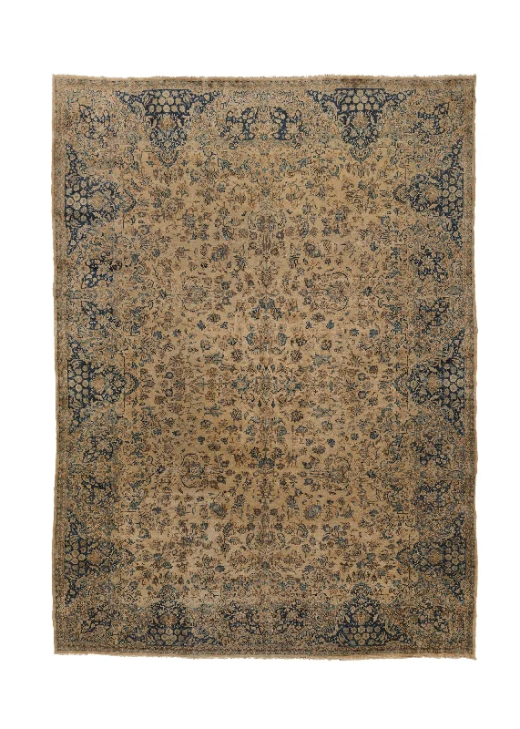 Persian Rug Kerman Handmade Area Antique Neutral 10'9"x14'9" (11x15) Whites/Beige Blue Floral Design #36116