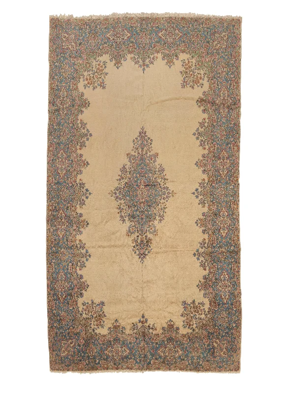 Persian Rug Kerman Handmade Area Traditional 9'6"x17'6" (10x18) Whites/Beige Blue Open Field Floral Design #26927