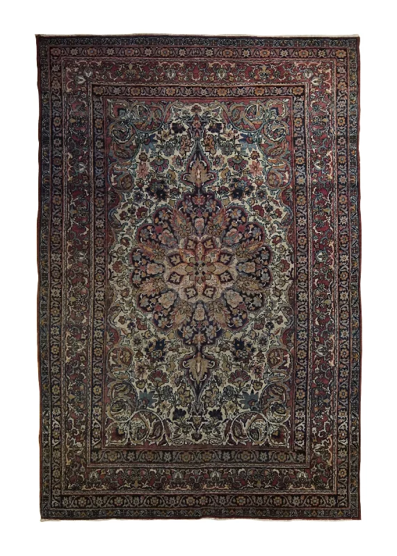 Persian Rug Lavar Kerman Handmade Area Traditional Antique 4'4"x6'7" (4x7) Whites/Beige Red Blue Floral Design #A33551