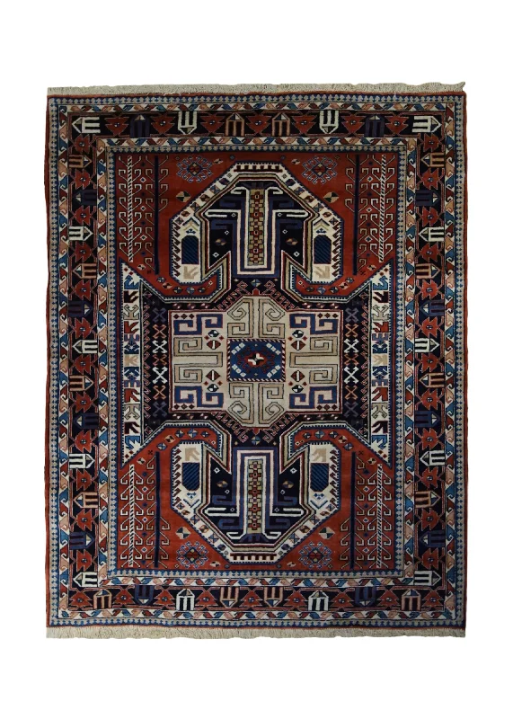 Persian Rug Quchan Handmade Area Tribal 4'2"x5'1" (4x5) Red Blue Geometric Design #A33259