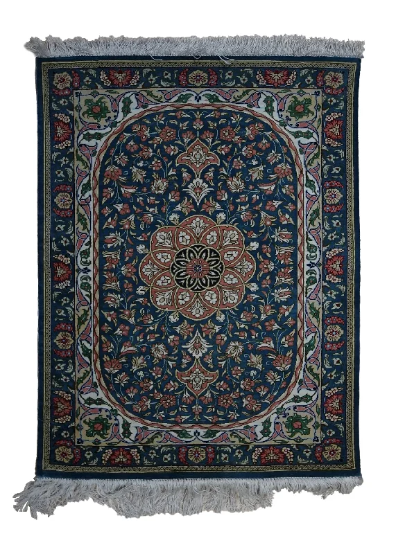 Persian Rug Qum Handmade Area Traditional 1'10"x2'5" (2x2) Blue Orange Floral Design #A33311