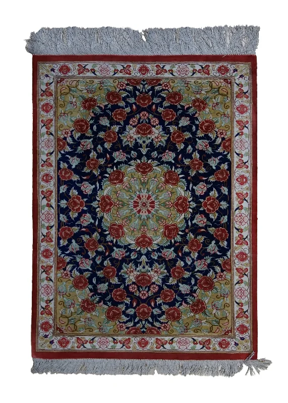 Persian Rug Qum Handmade Area Traditional 1'9"x2'4" (2x2) Blue Red Floral Design #A33313