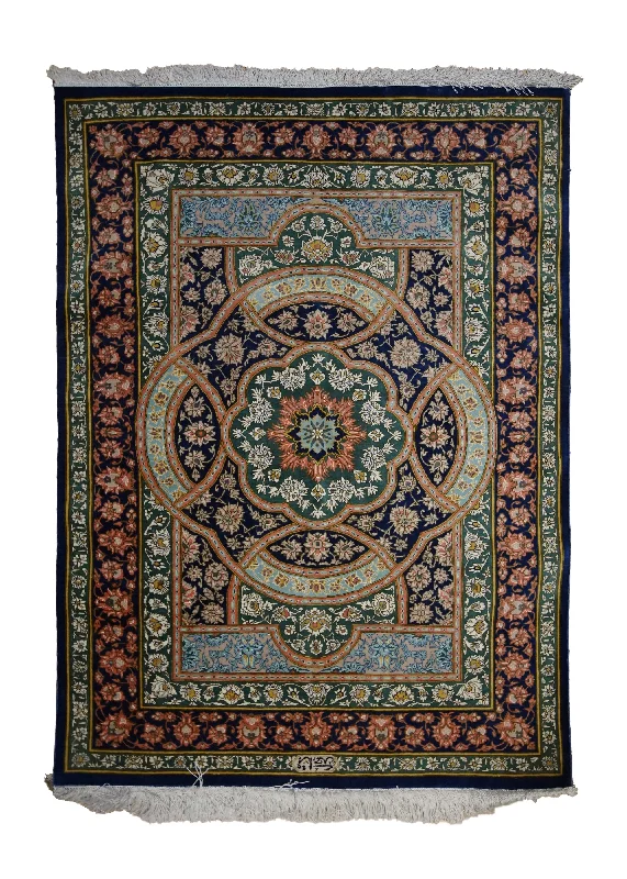 Persian Rug Qum Handmade Area Traditional 2'7"x3'7" (3x4) Blue Green Floral Design #A33314