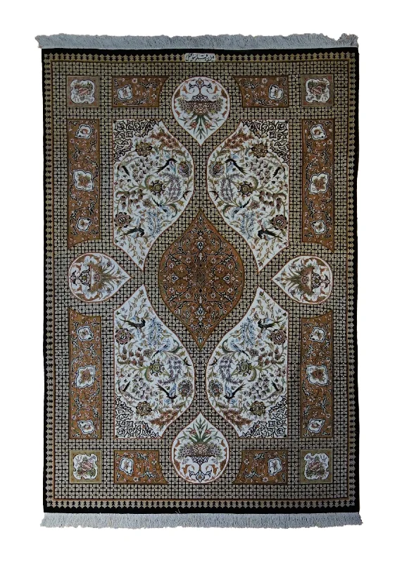 Persian Rug Qum Handmade Area Traditional 3'3"x4'9" (3x5) Whites/Beige Pink Black Garden Design #A33328