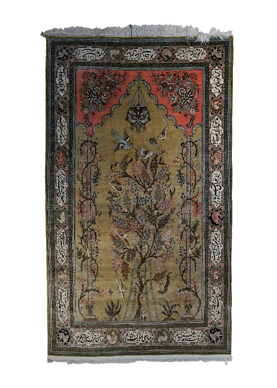 Persian Rug Qum Handmade Area Traditional 3'7"x5'9" (4x6) Yellow/Gold Whites/Beige Tree of Life Design #A33324