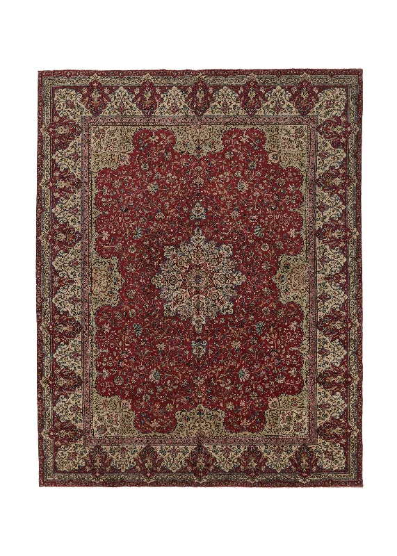 Persian Rug Tabriz Handmade Area Traditional 11'1"x15'1" (11x15) Red Whites/Beige Floral Design #34052