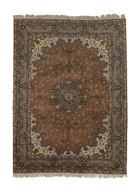 Persian Rug Tabriz Handmade Area Traditional 6'8"x9'5" (7x9) Brown Whites/Beige Floral Design #34436