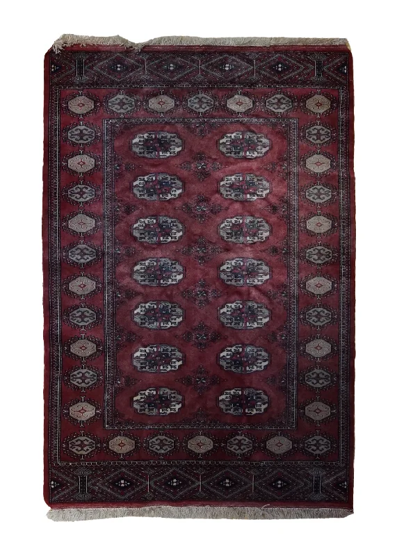 Persian Rug Turkmen Handmade Area Tribal 4'0"x5'11" (4x6) Red Geometric Elephant Foot Bokhara Design #A33274