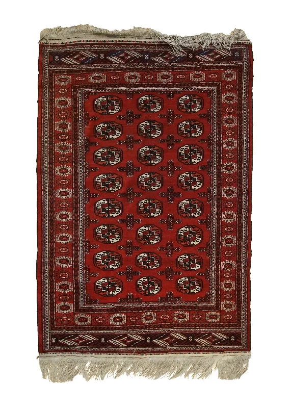 Persian Rug Turkmen Handmade Area Tribal 4'4"x6'5" (4x6) Red Geometric Elephant Foot Bokhara Design #A33524