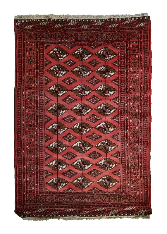 Persian Rug Turkmen Handmade Area Tribal 4'4"x6'3" (4x6) Red Geometric Elephant Foot Bokhara Design #A33525