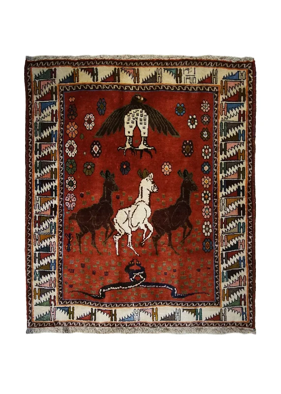 Persian Rug Yalameh Handmade Area Tribal 3'10"x4'4" (4x4) Red Pictorial Design #A33282