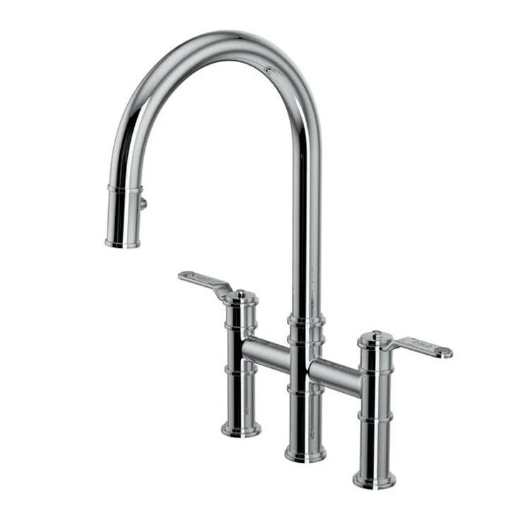 Kitchen Faucet Armstrong 8 Inch Spread 2 Lever Polished Chrome Bridge Pull Down C-Spout 1.75 Gallons per Minute