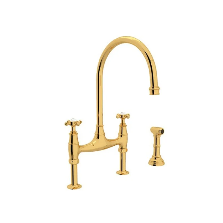 Kitchen Faucet Georgian Era 7-7/8 Inch Spread 2 Cross English Gold Bridge Swivel Spout 1.8 Gallons per Minute 10-7/8 Inch