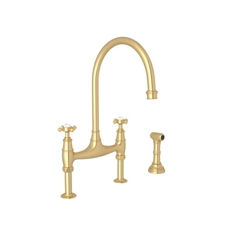 Kitchen Faucet Georgian Era 7-7/8 Inch Spread 2 Cross Satin English Gold Bridge Swivel Spout 1.8 Gallons per Minute 10-7/8 Inch