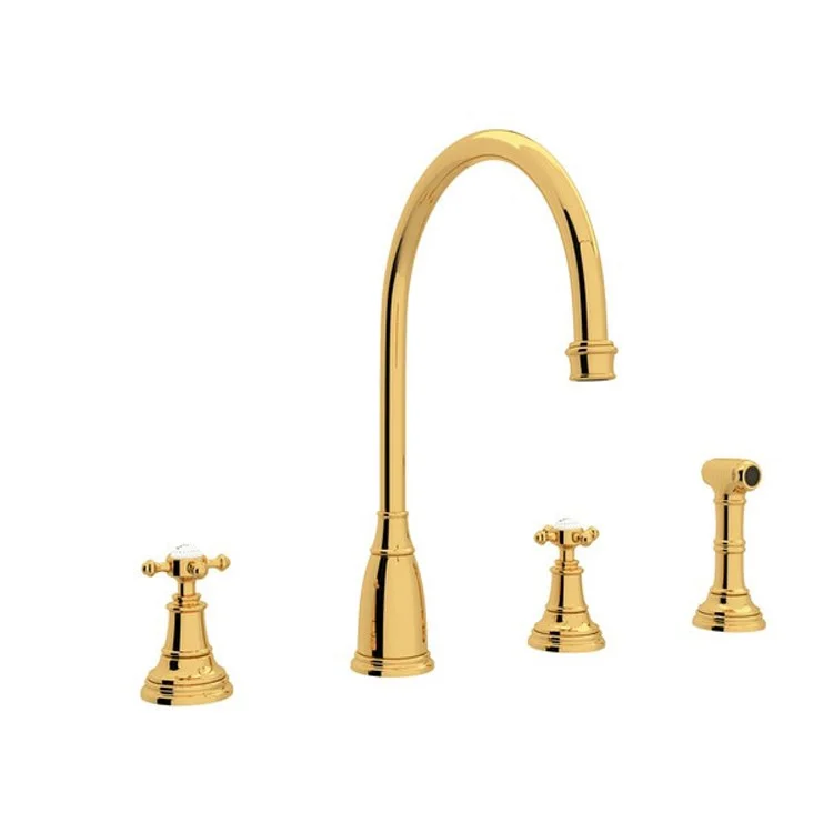 Kitchen Faucet Georgian Era 6-16 Inch Spread 2 Cross English Gold Swivel C-Spout 1.8 Gallons per Minute