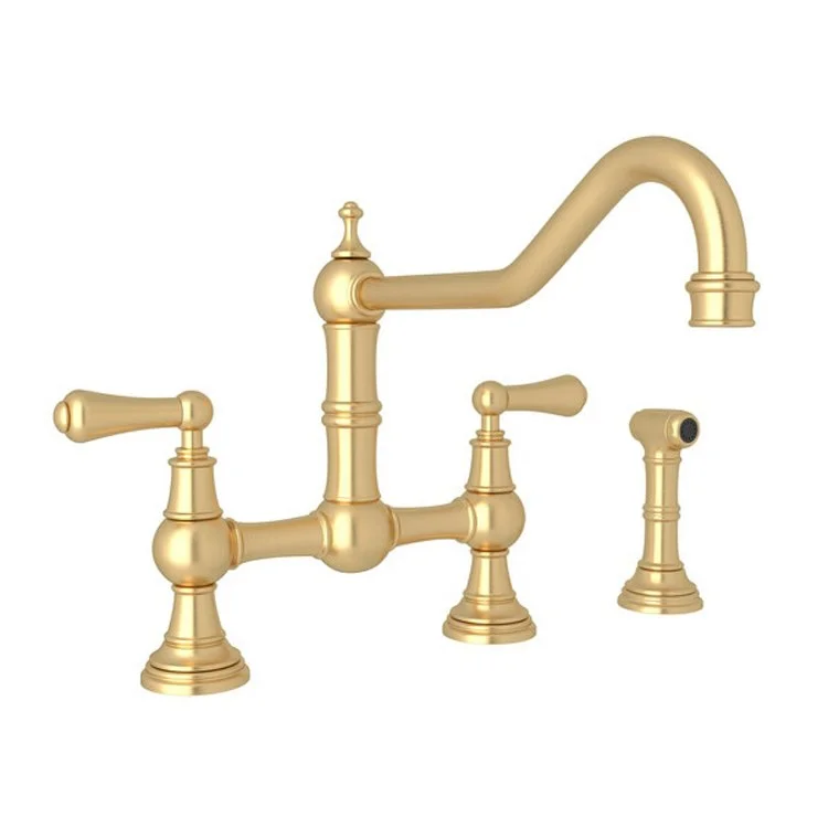 Kitchen Faucet Edwardian 8 Inch Spread 2 Lever Satin English Gold Bridge Swivel Column Spout 1.8 Gallons per Minute