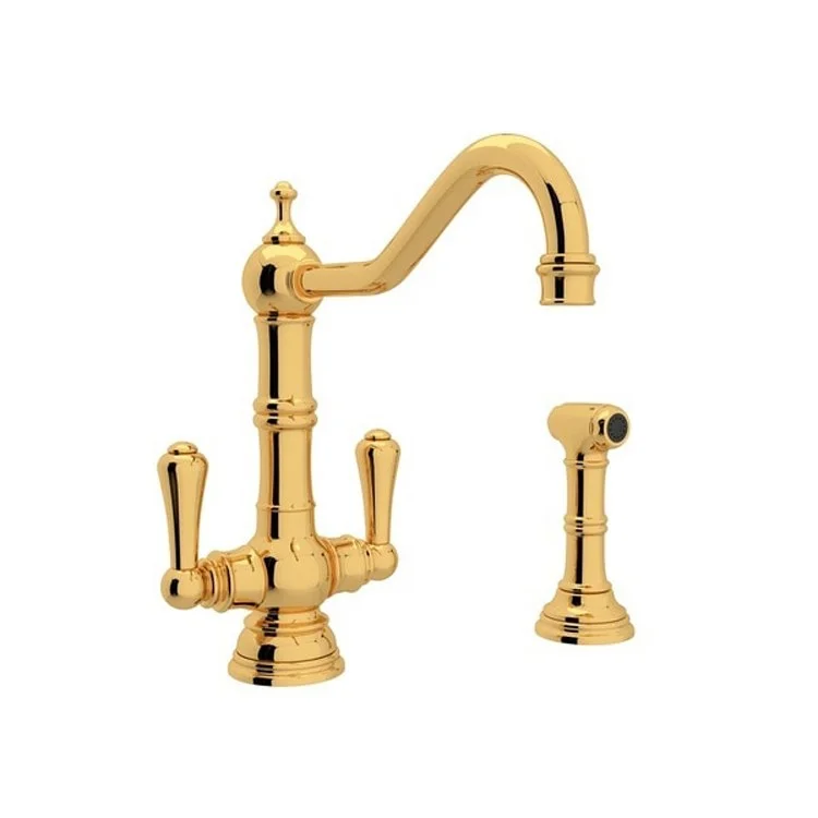 Kitchen Faucet Edwardian 6 Inch Spread 2 Lever English Gold Swivel Spout 1.5 Gallons per Minute