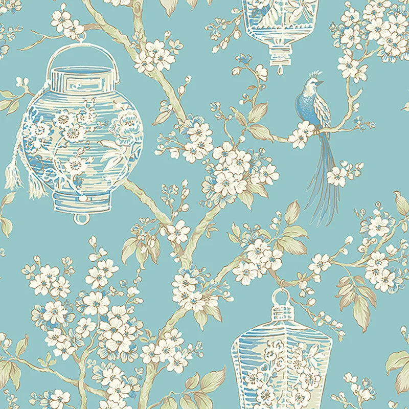 Eastern Flare Magnolia & Birds Wallpaper in Pale Green