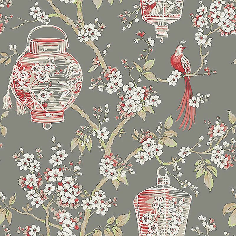 Eastern Flare Magnolia & Birds Wallpaper in Red