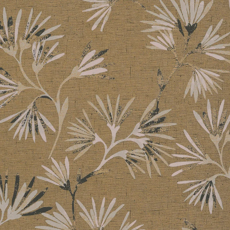 Floral Asian-Inspired Wallpaper in Gold/Black