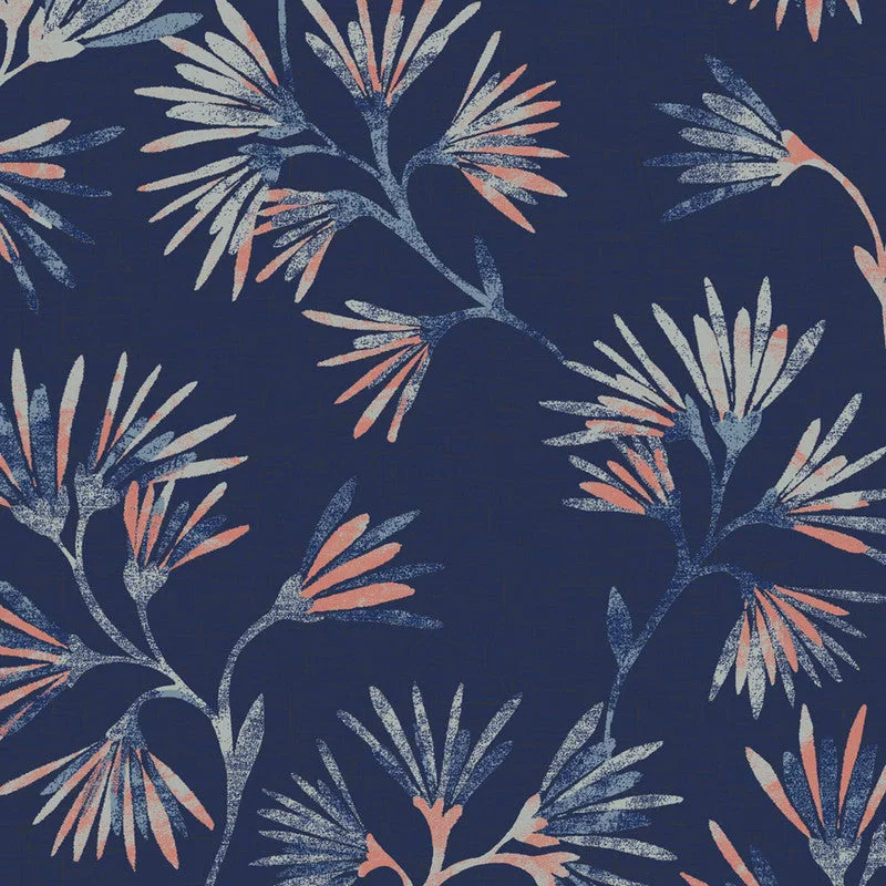 Floral Asian-Inspired Wallpaper in Navy/Copper