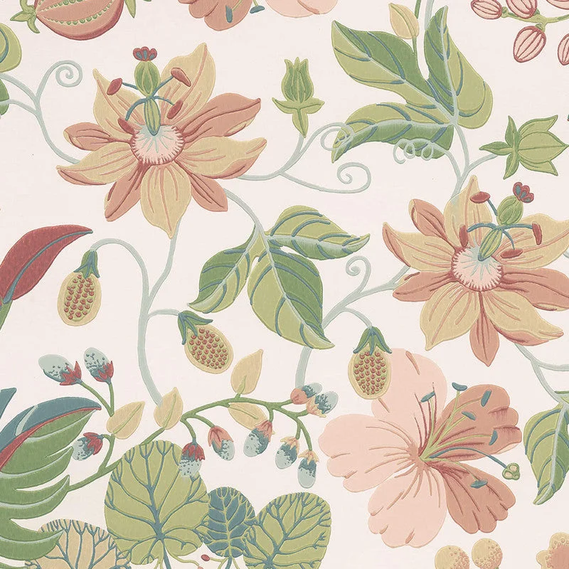 Floral Large-Scale Wallpaper in Coral/Pink/Teal