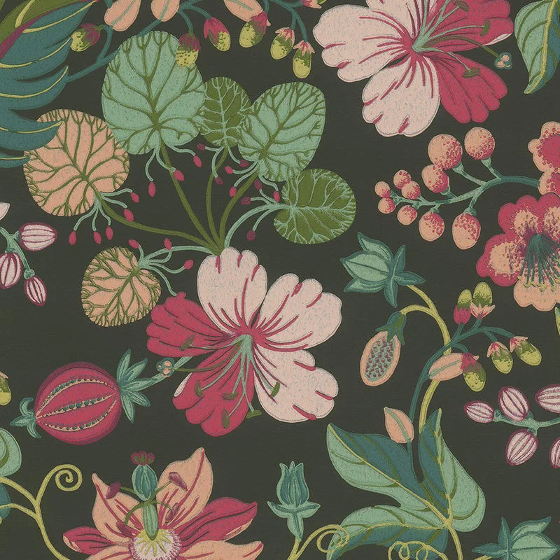 Floral Large-Scale Wallpaper in Green/Raspberry/Coral