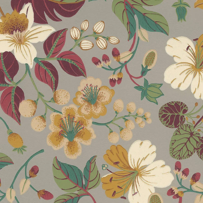 Floral Large-Scale Wallpaper in Teal/Orange/Raspberry