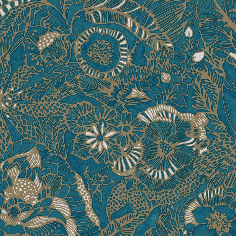 Floral Opulent Wallpaper in Turquoise/Gold