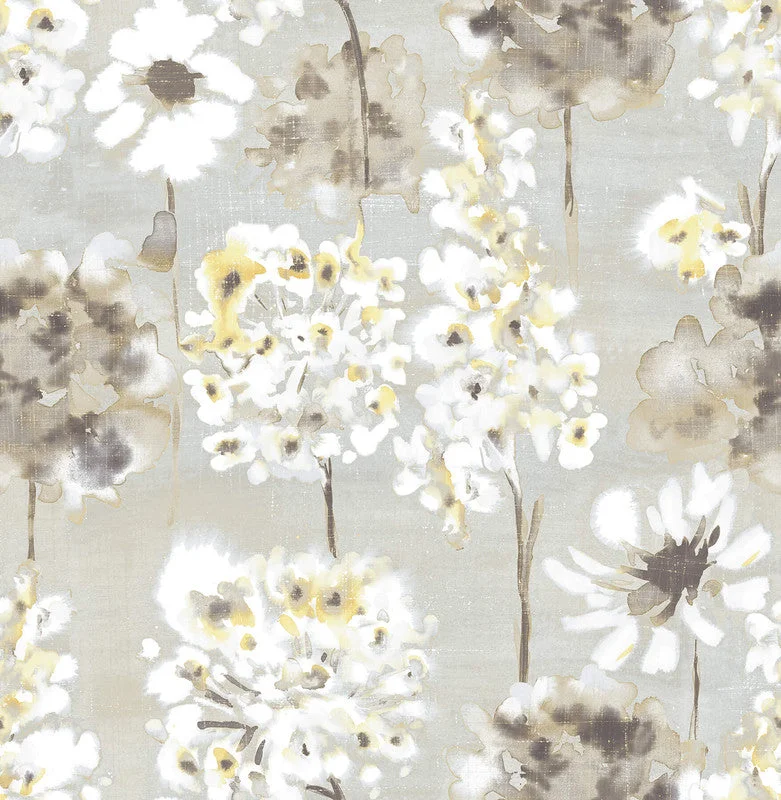 Watercolor Floral Distressed Wallpaper in Grey/Cream/Yellow