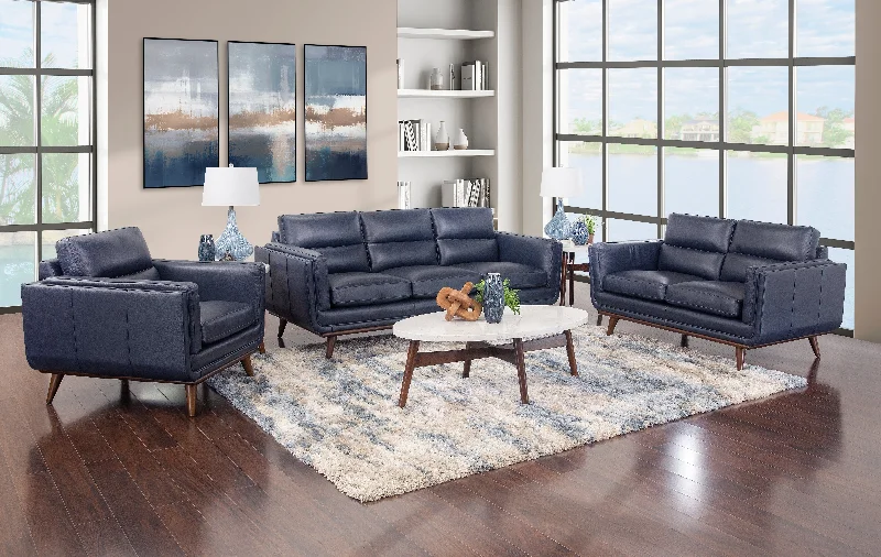 Emmitt Navy 5 Piece Leather Living Room