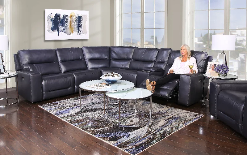 Stratos Navy 6 Piece Leather Zero Gravity Dual Power Sectional